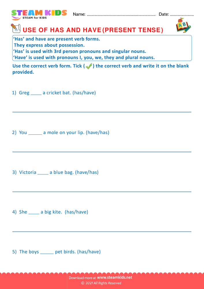 Free English Worksheet - Use of has and have - Worksheet 2