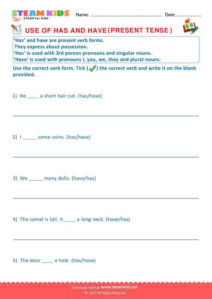 Free English Worksheet - Use of has and have - Worksheet 3