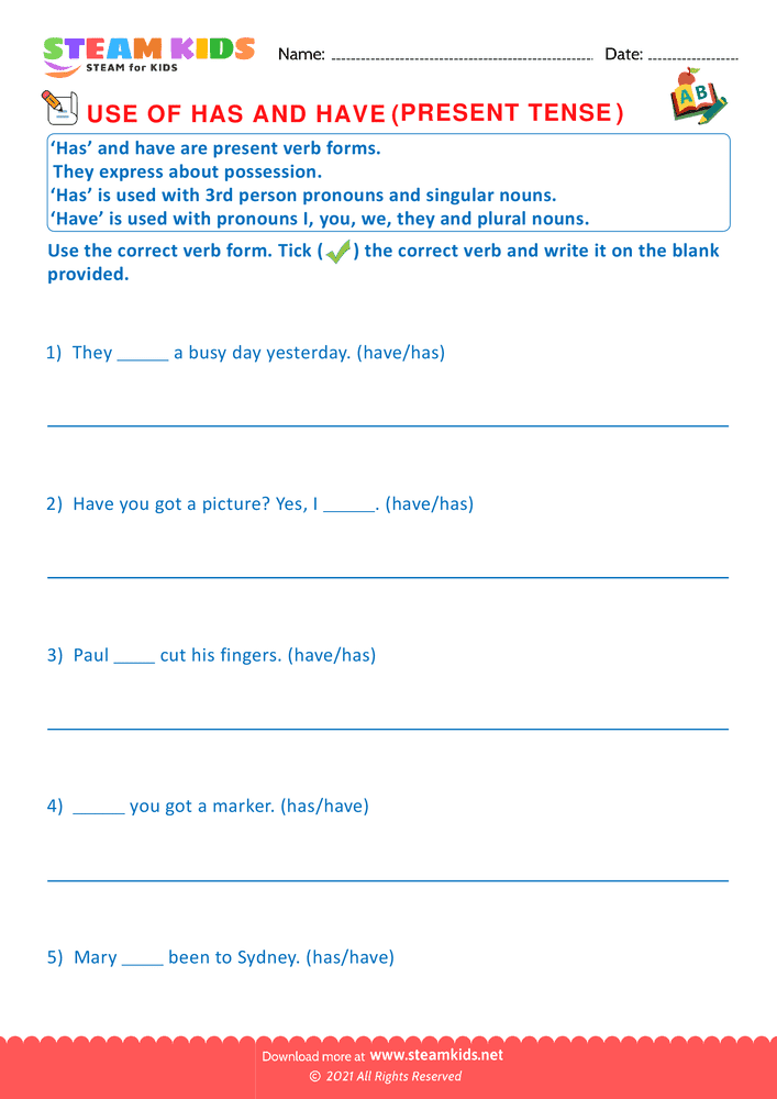 Free English Worksheet - Use of has and have - Worksheet 4