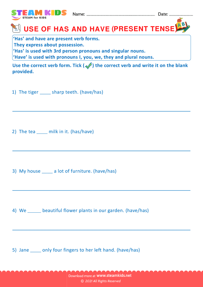 Free English Worksheet - Use of has and have - Worksheet 5