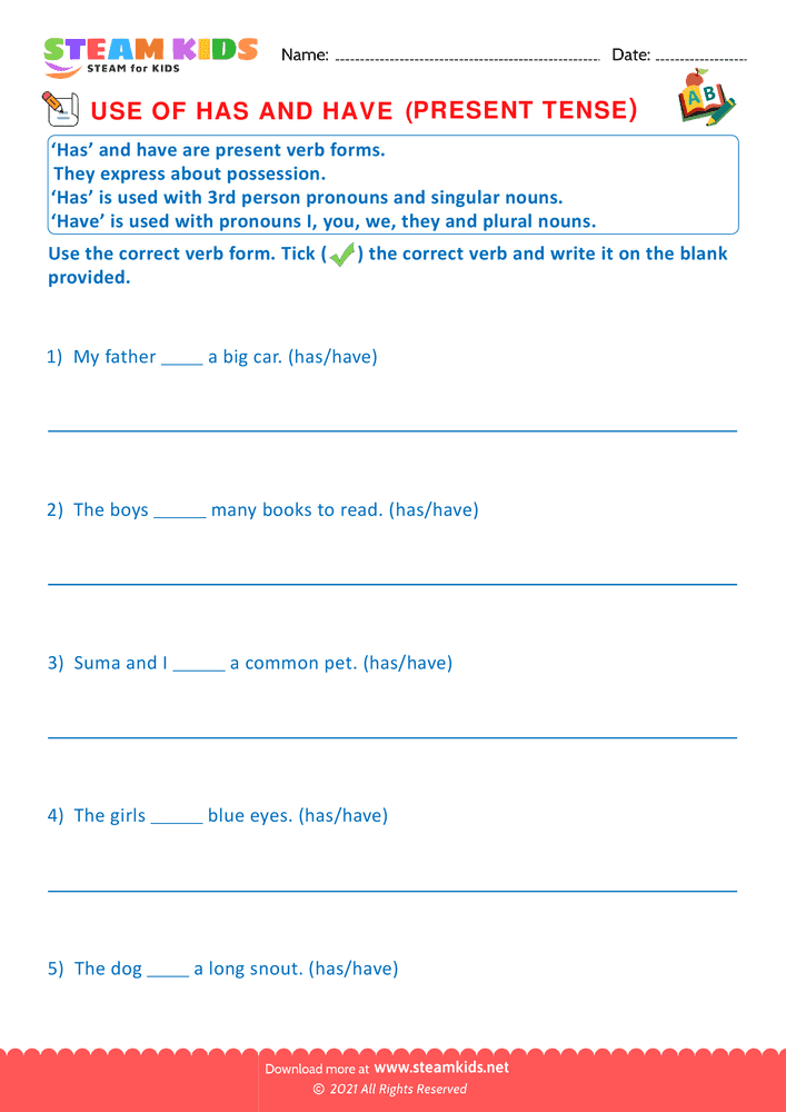 Free English Worksheet - Use of has and have - Worksheet 6