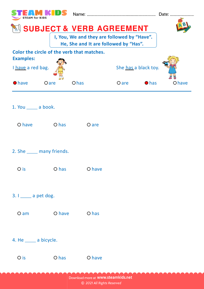 Free English Worksheet - Agreement of Subjects & Verb - Worksheet 1