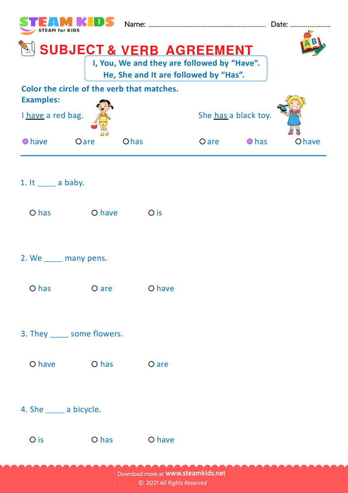 Free English Worksheet - Agreement of Subjects & Verb - Worksheet 5