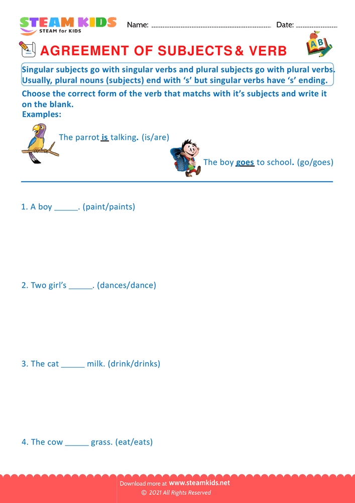 Free English Worksheet - Agreement of Subjects & Verb - Worksheet 7