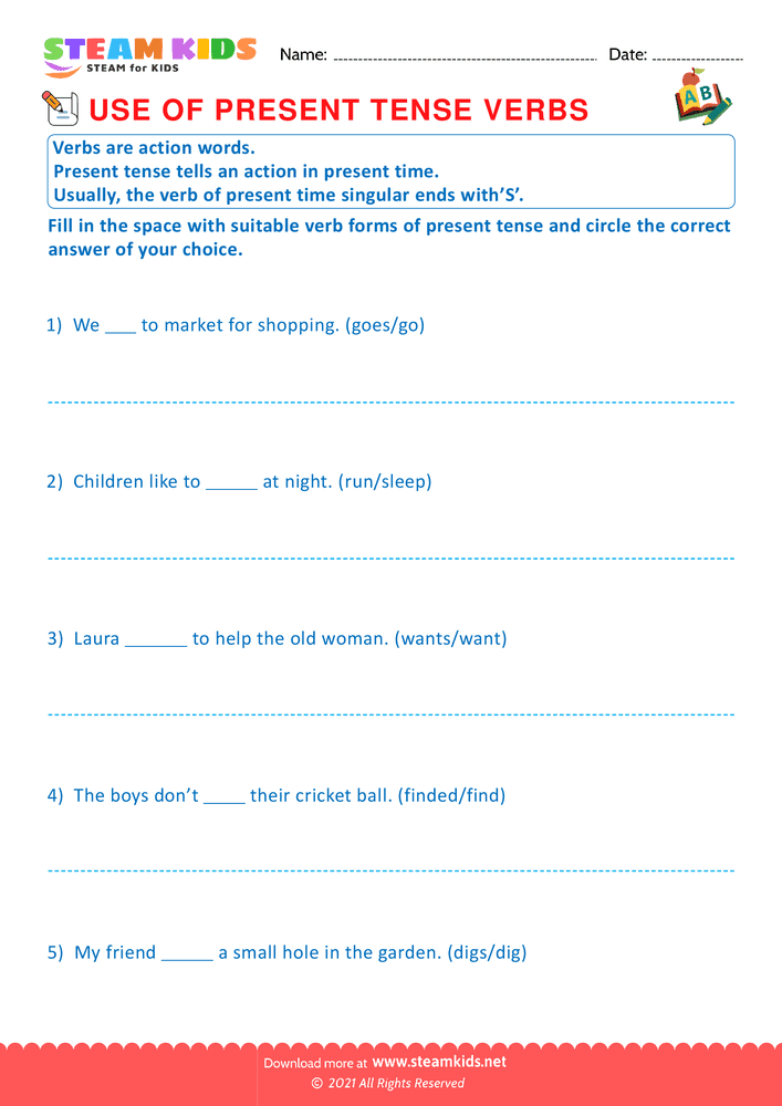 Free English Worksheet - Use of present tense verbs - Worksheet 2