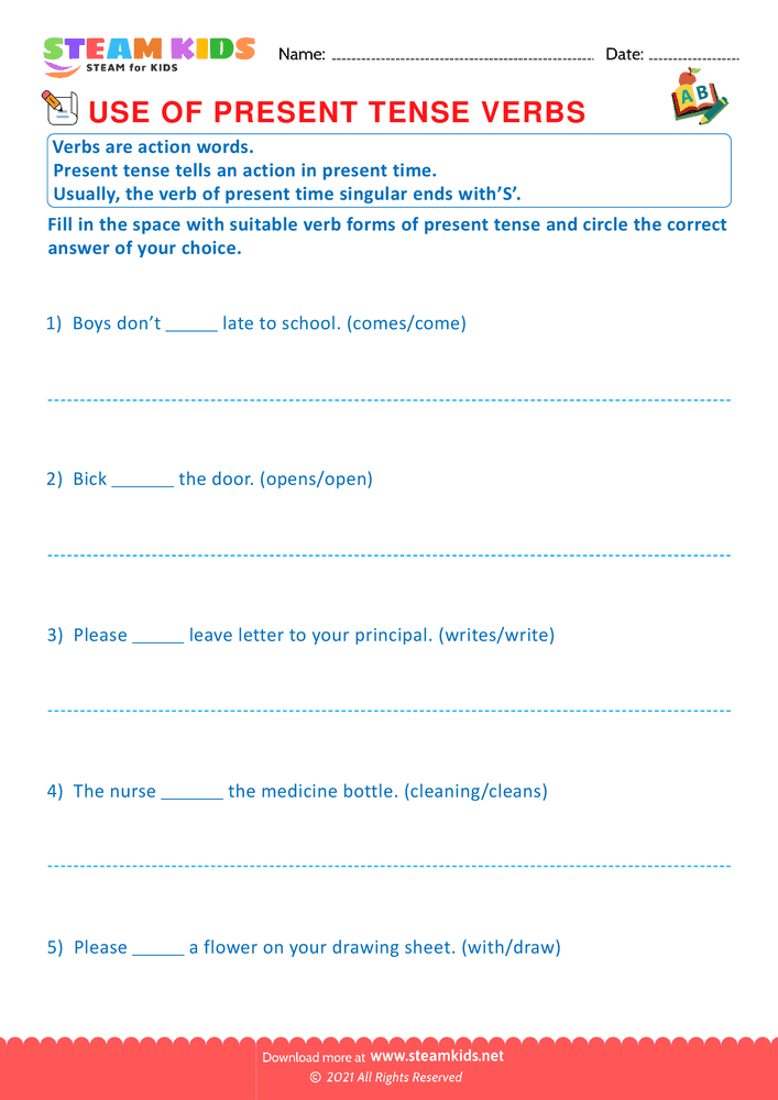 Free English Worksheet - Use of present tense verbs - Worksheet 3