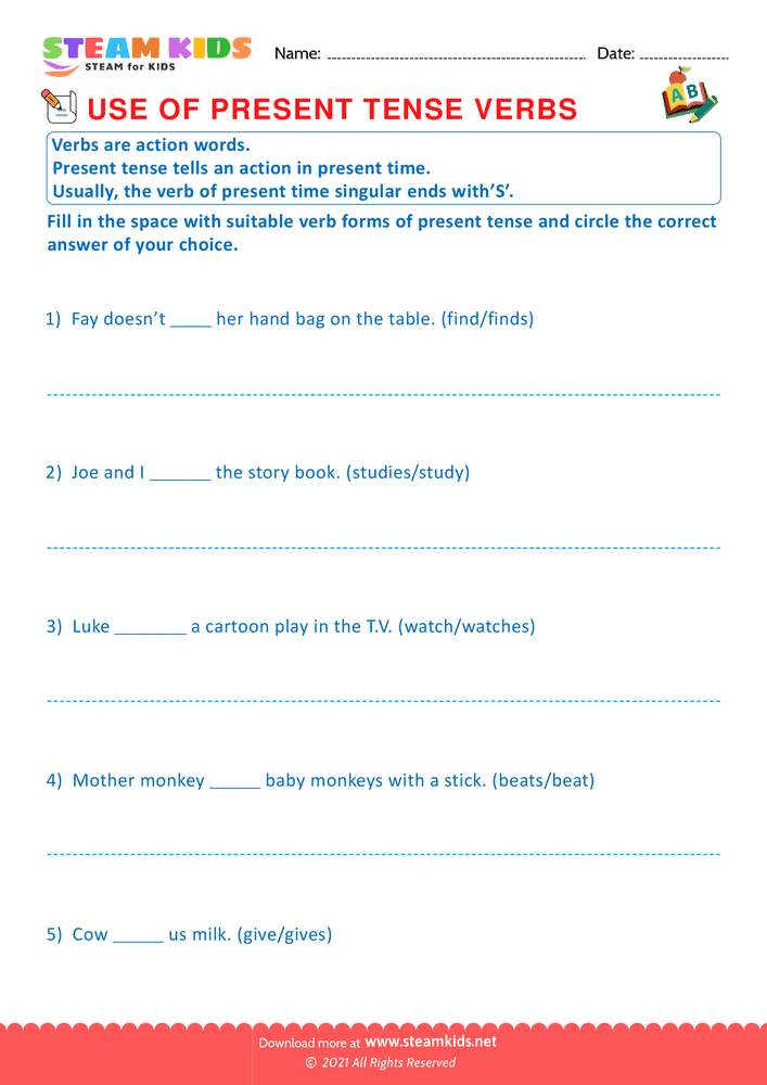 Free English Worksheet - Use of present tense verbs - Worksheet 4