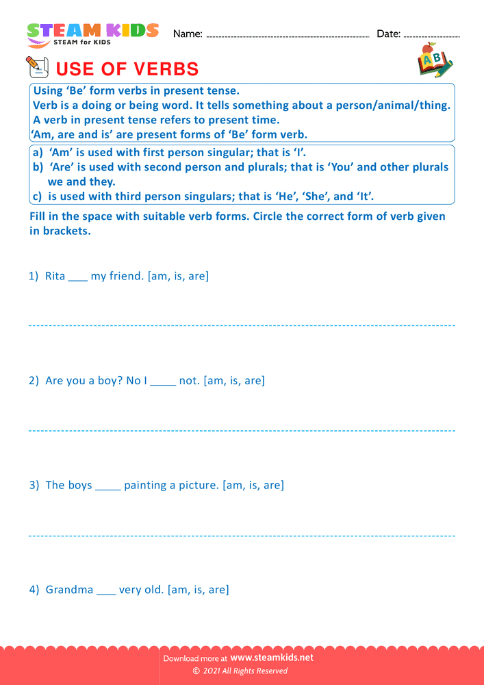 Free English Worksheet - Use of verbs - Worksheet 3
