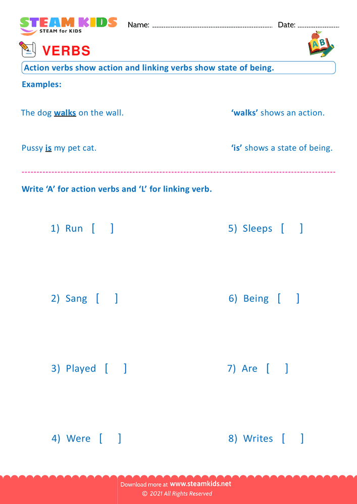 Free English Worksheet - Linking and action verbs - Worksheet 1