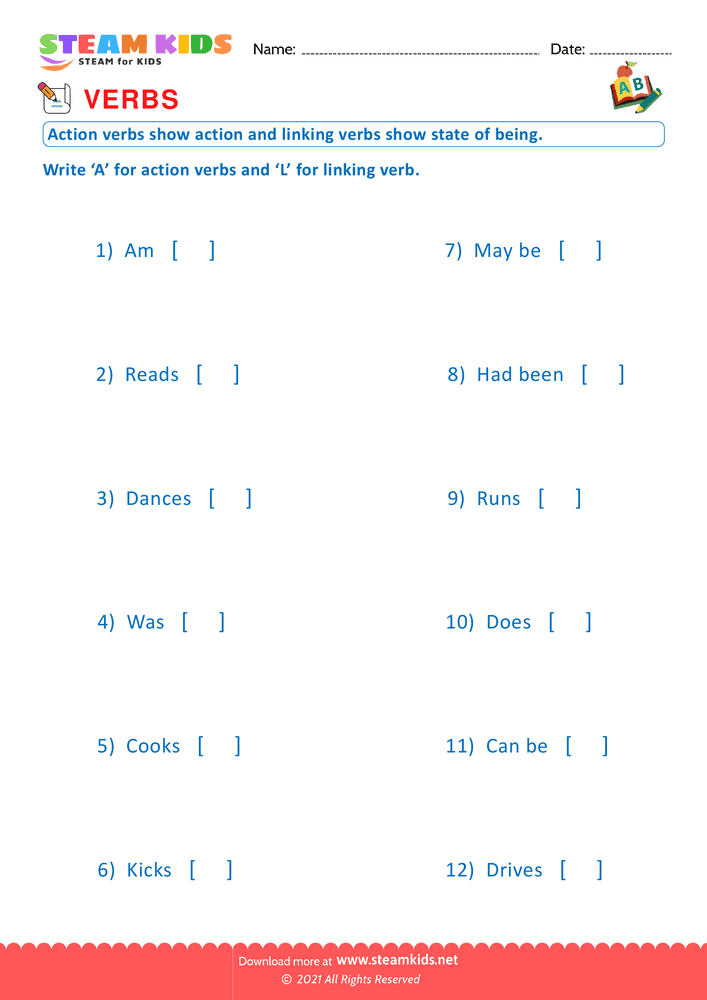 Free English Worksheet - Linking and action verbs - Worksheet 2