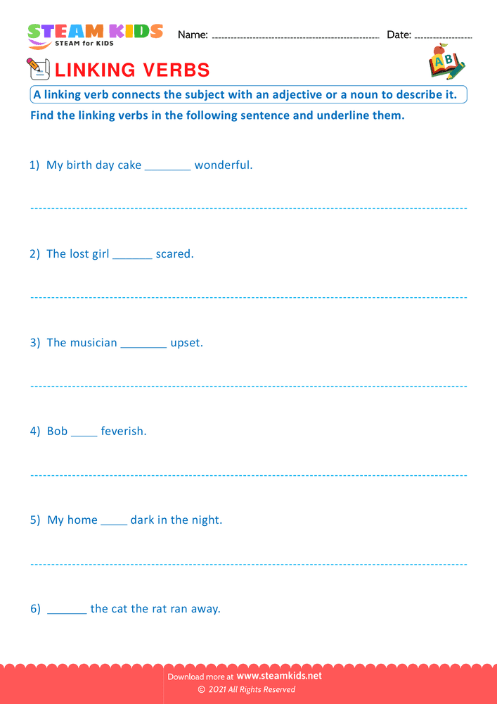 Free English Worksheet - Linking and action verbs - Worksheet 4