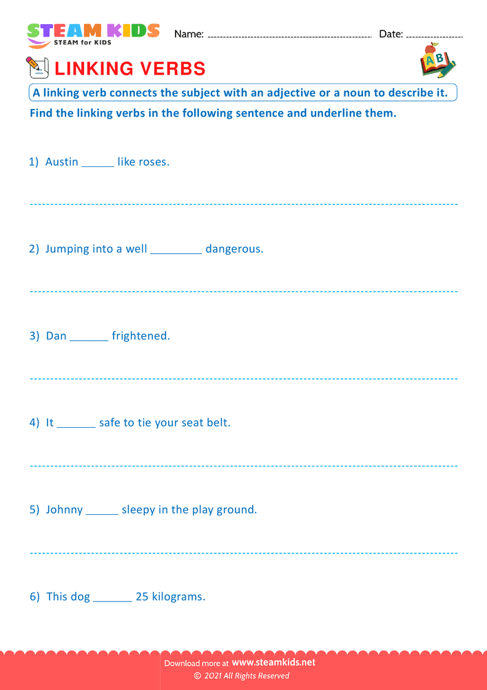 Free English Worksheet - Linking and action verbs - Worksheet 5