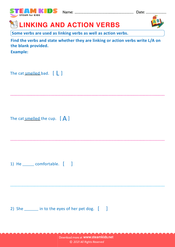Free English Worksheet - Linking and action verbs - Worksheet 6