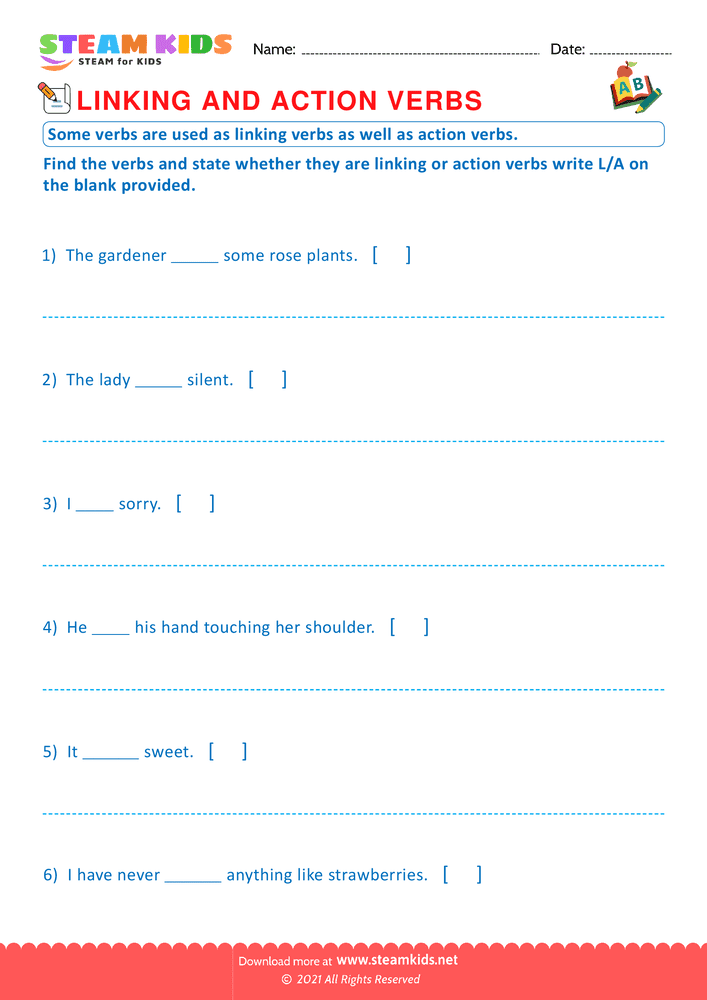 Free English Worksheet - Linking and action verbs - Worksheet 7