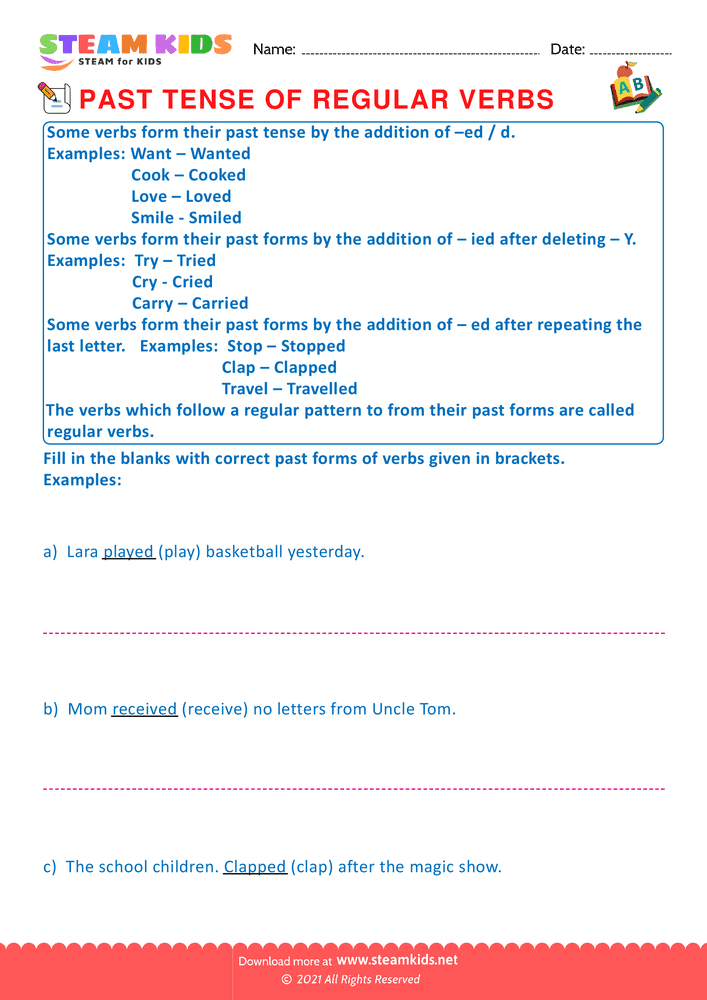 Free English Worksheet - Past tense of regular verbs - Worksheet 1