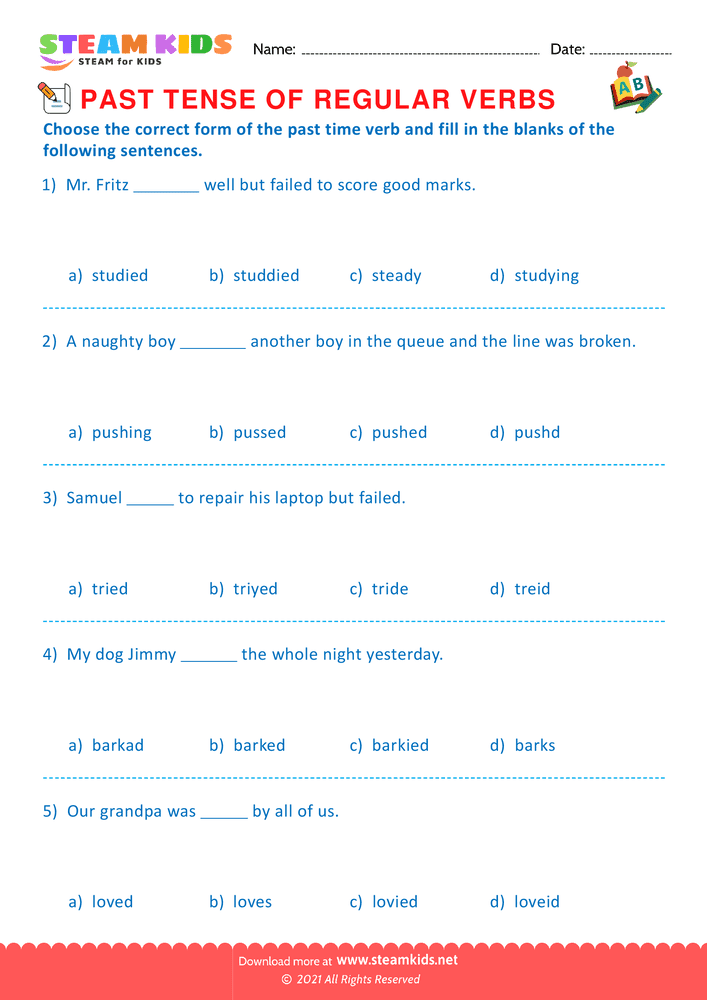 Free English Worksheet - Past tense of regular verbs - Worksheet 5