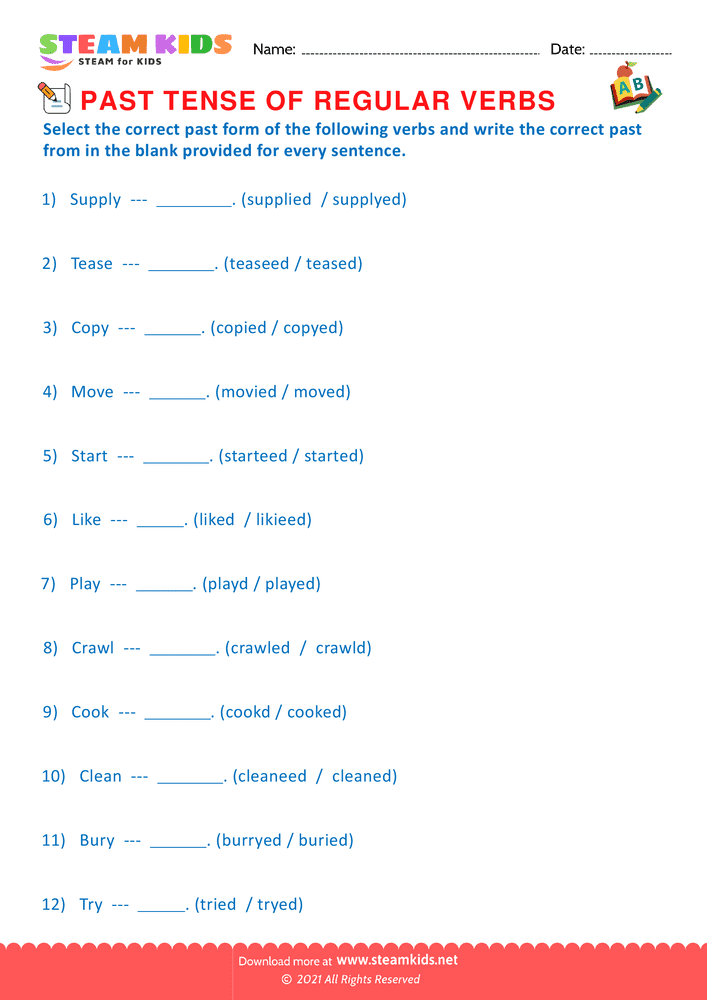 Free English Worksheet - Past tense of regular verbs - Worksheet 8