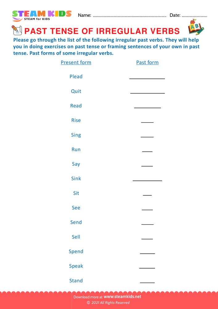 Free English Worksheet - Past tense of irregular verbs - Worksheet 6