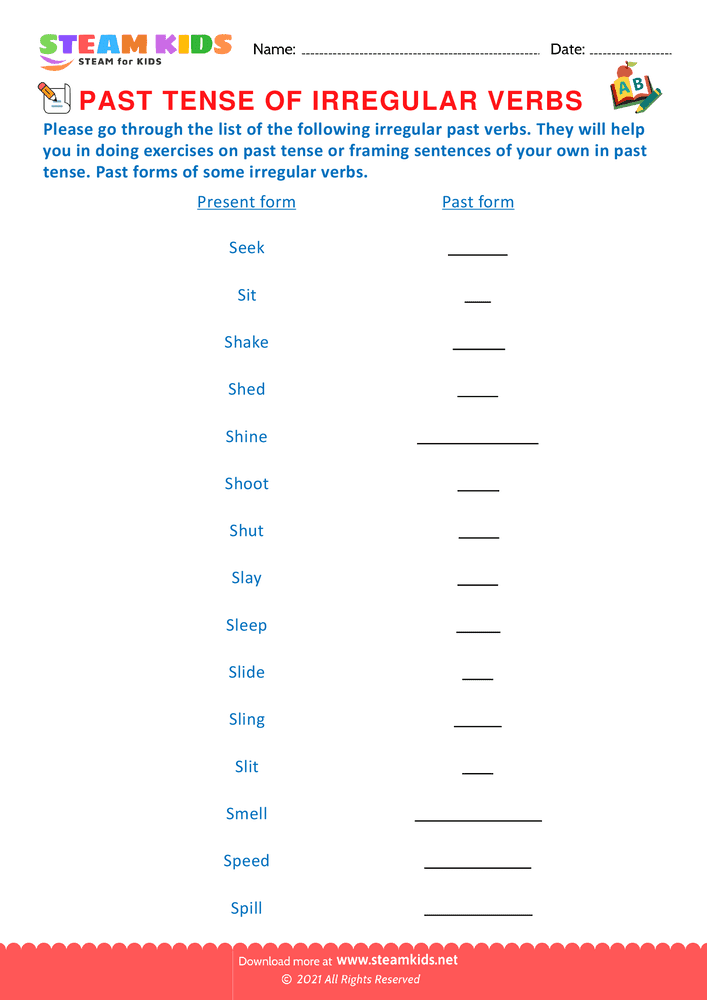 Free English Worksheet - Past tense of irregular verbs - Worksheet 7