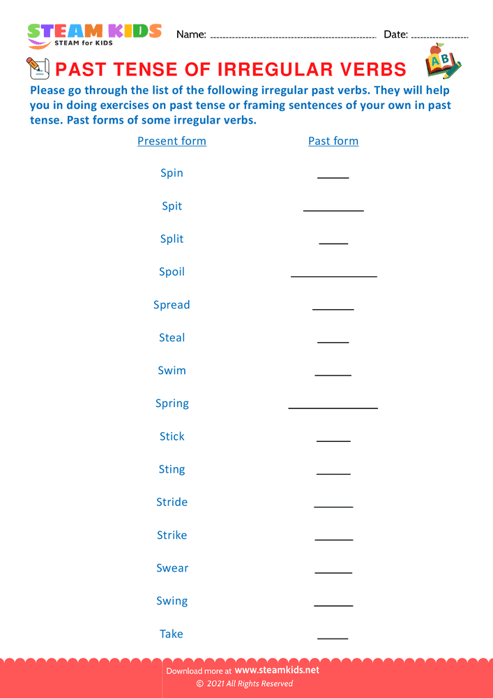 Free English Worksheet - Past tense of irregular verbs - Worksheet 8