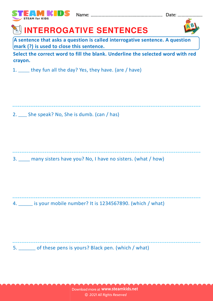 Free English Worksheet - Interrogative sentence - Worksheet 12