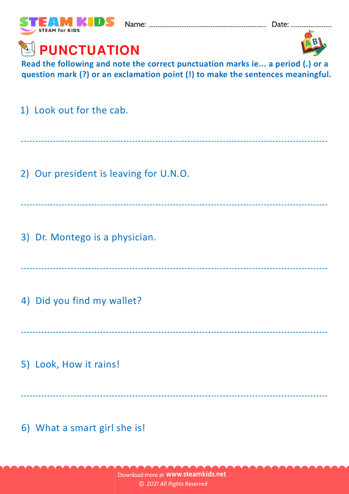 Free English Worksheet - End Punctuation marks - Worksheet 3
