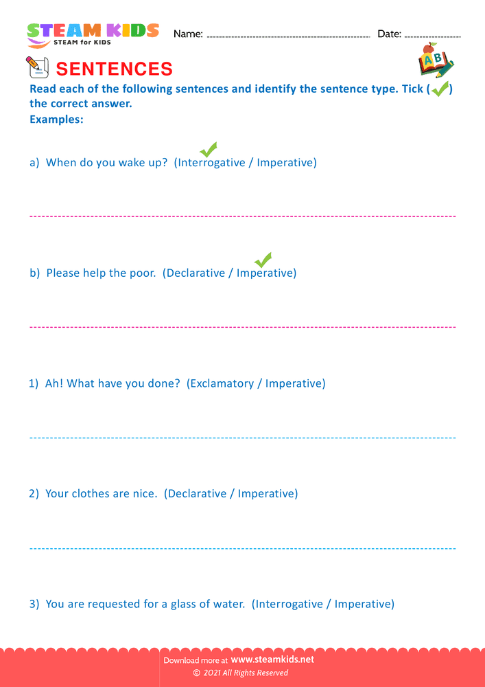 Free English Worksheet - Indentify the sentence type - Worksheet 1