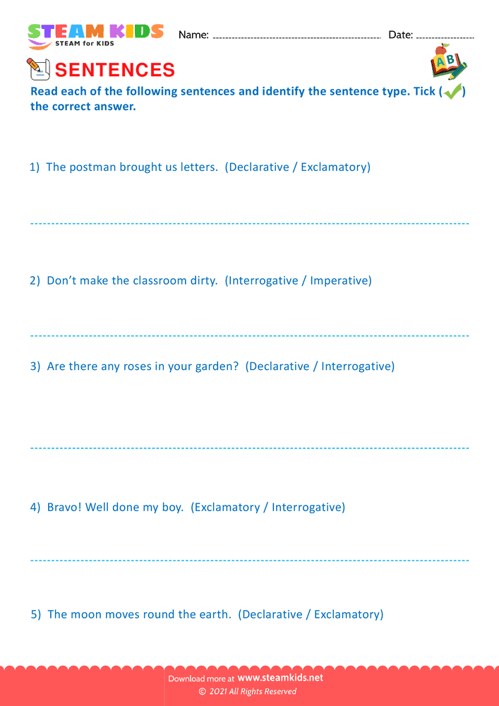 Free English Worksheet - Indentify the sentence type - Worksheet 2