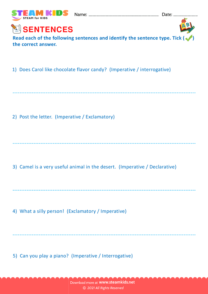 Free English Worksheet - Indentify the sentence type - Worksheet 3