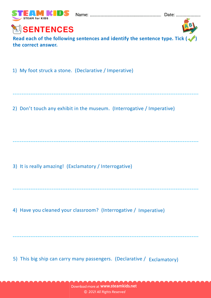 Free English Worksheet - Indentify the sentence type - Worksheet 4