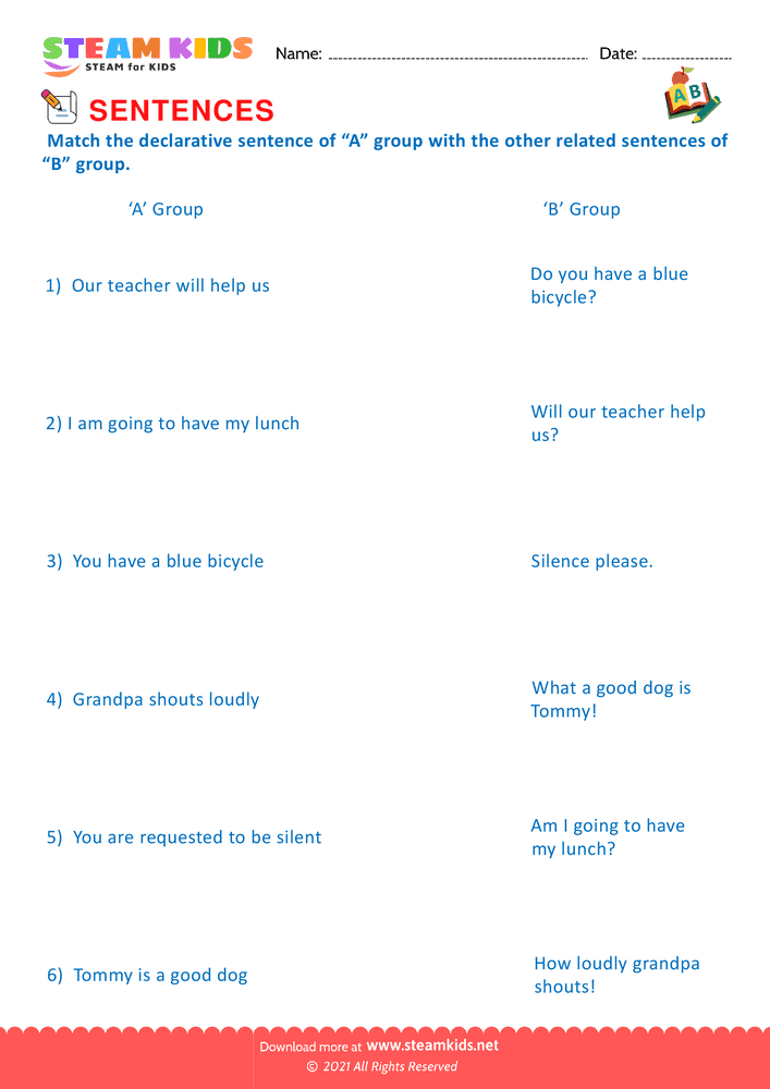 Free English Worksheet - Match Sentences - Worksheet 2