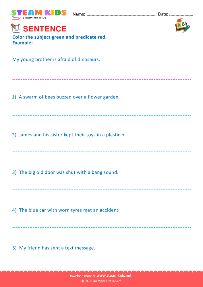 Free English Worksheet - Identify subject and predicate - Worksheet 1