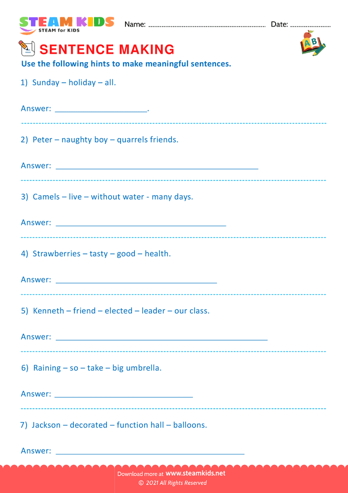 Free English Worksheet - Making Sentence - Worksheet 1