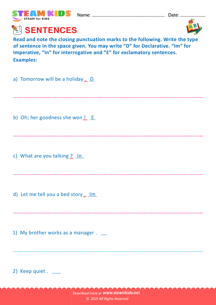 Free English Worksheet - Punctuate & identify sentences - Worksheet 1