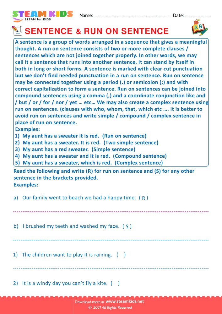 Free English Worksheet - Sentence & Run on sentence - Worksheet 1