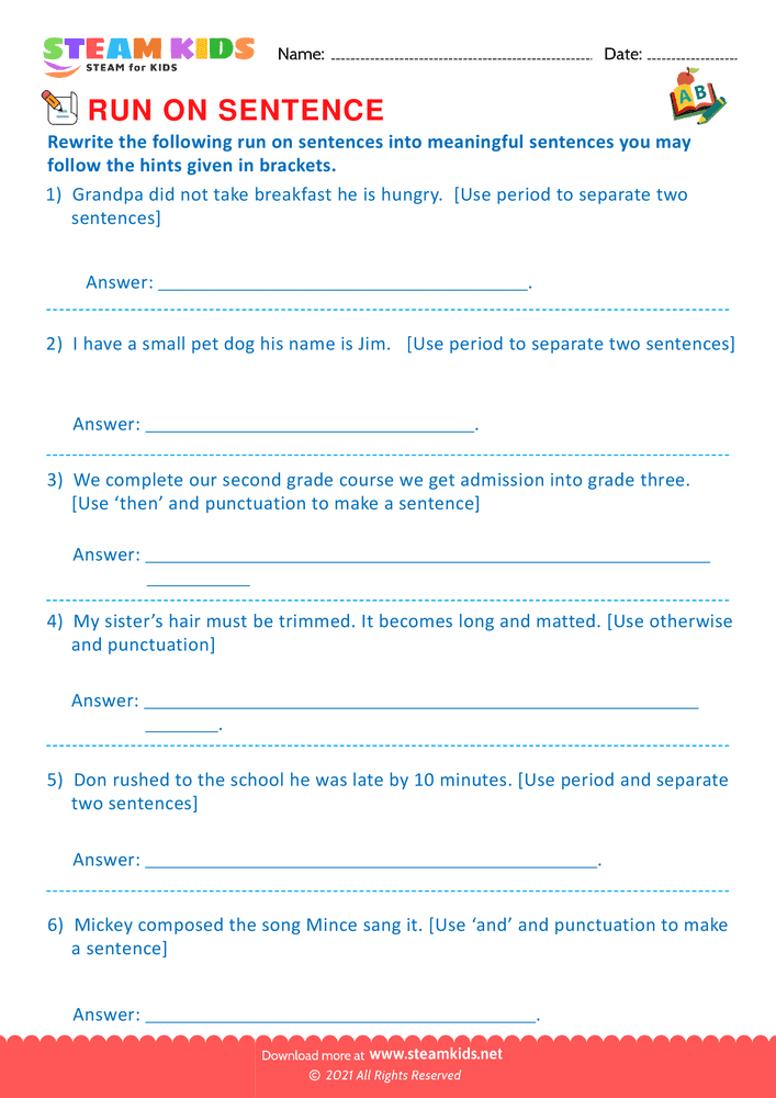 Free English Worksheet - Sentence & Run on sentence - Worksheet 5