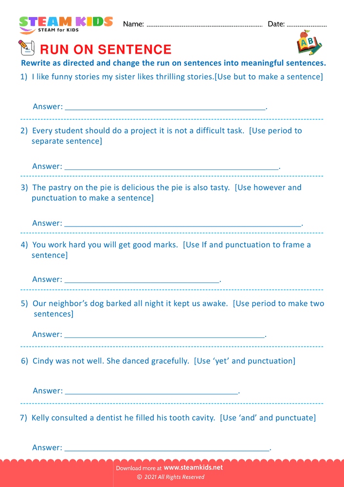Free English Worksheet - Sentence & Run on sentence - Worksheet 8