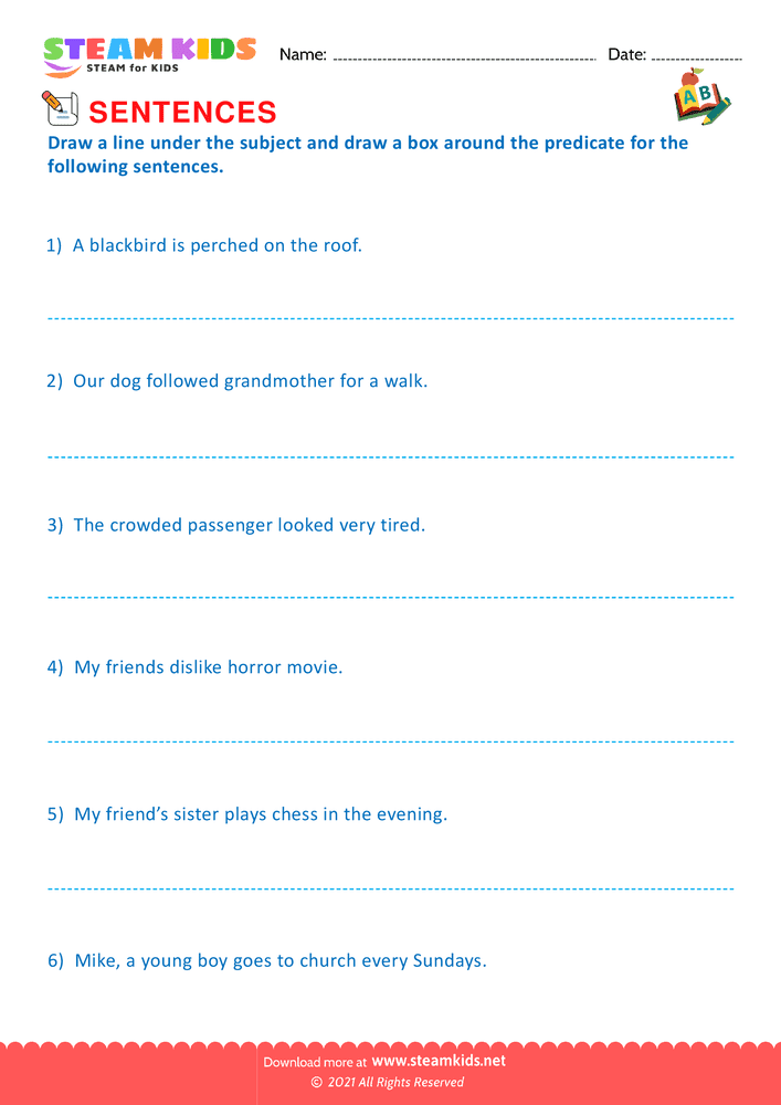 Free English Worksheet - Subject & Predicate - Worksheet 2