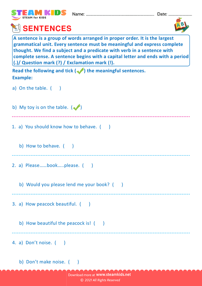 Free English Worksheet - Meaningful sentences - Worksheet 1