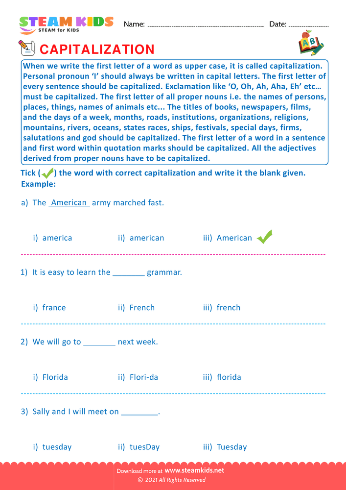 Free English Worksheet - Identify the capitalization word - Worksheet 5