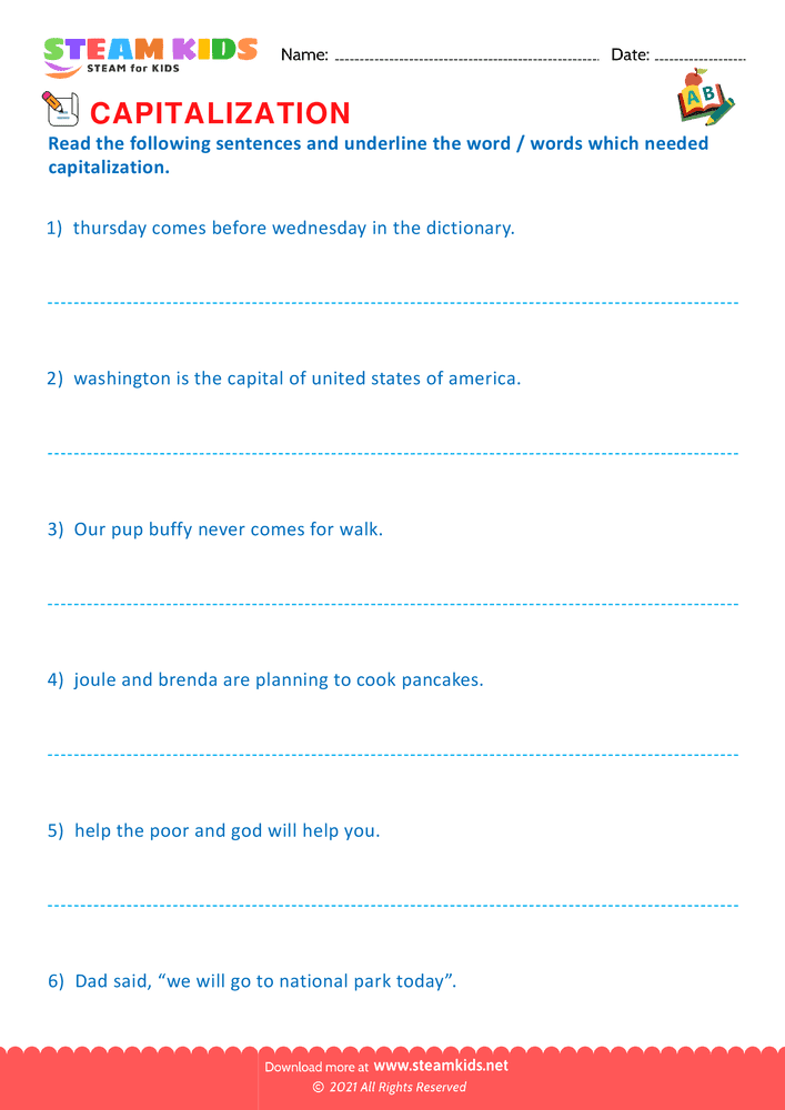 Free English Worksheet - Identify the capitalization word - Worksheet 10