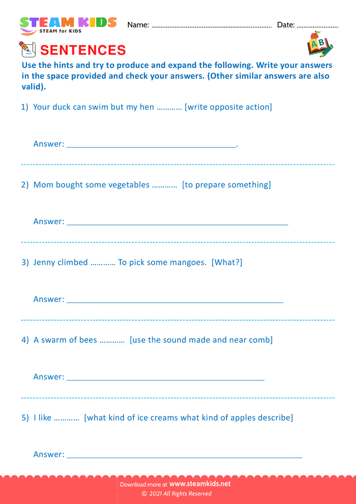 Free English Worksheet - Produce and expand sentences - Worksheet 2