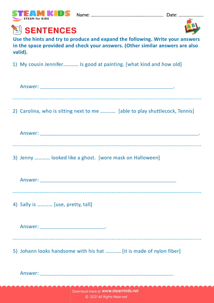 Free English Worksheet - Produce and expand sentences - Worksheet 3