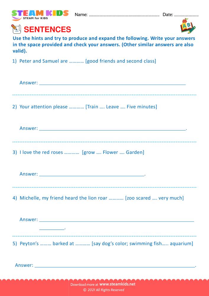 Free English Worksheet - Produce and expand sentences - Worksheet 4