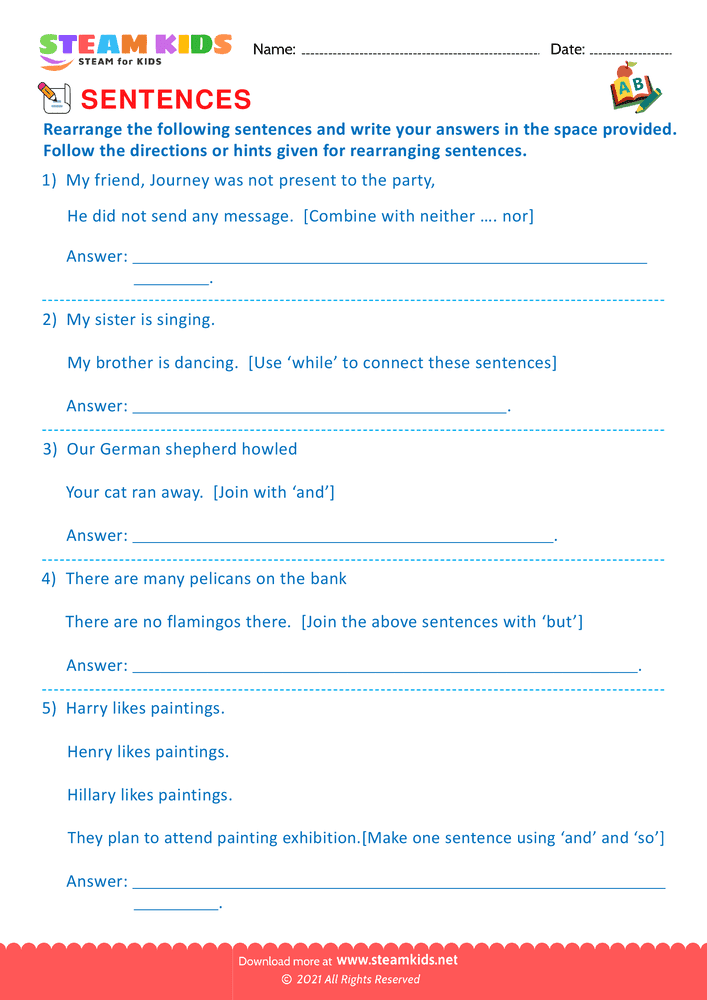 Free English Worksheet - Produce and expand sentences - Worksheet 6