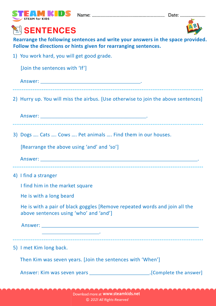 Free English Worksheet - Produce and expand sentences - Worksheet 8