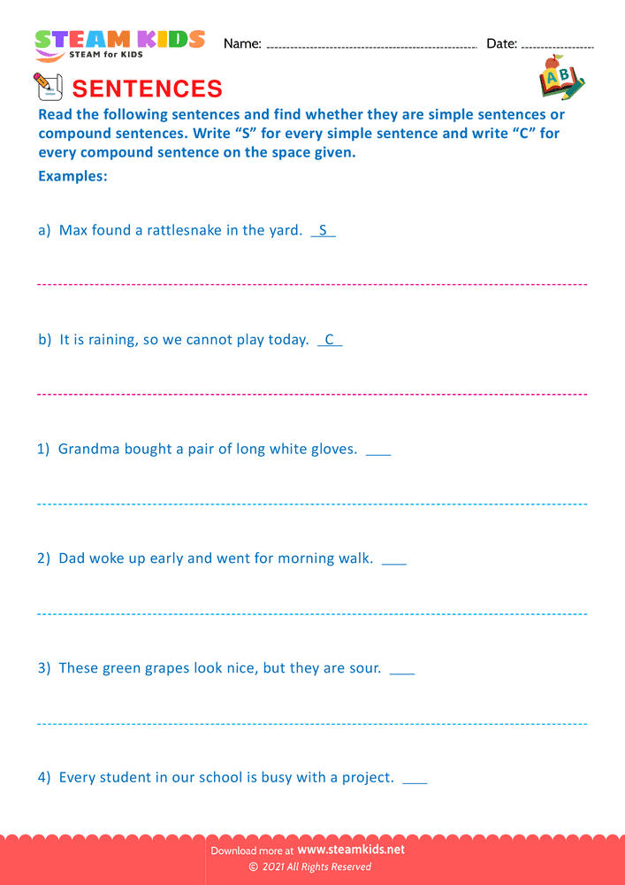 Free English Worksheet - Simple and compound sentence - Worksheet 1