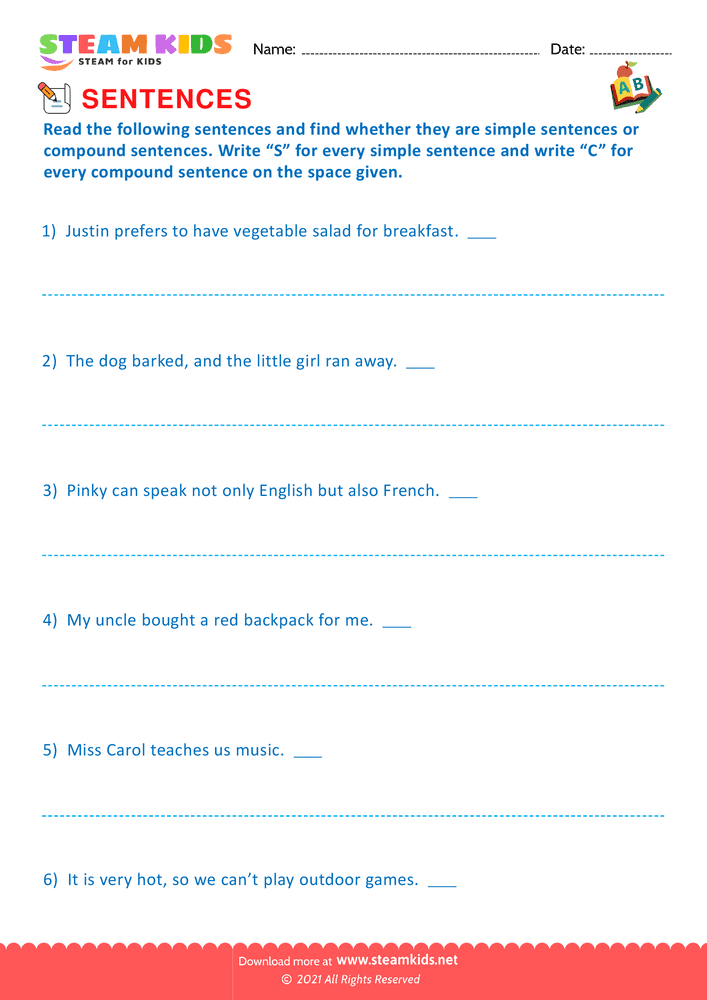 Free English Worksheet - Simple and compound sentence - Worksheet 3