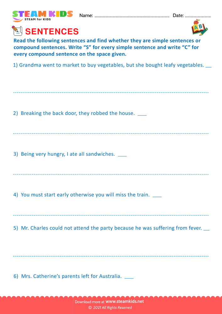 Free English Worksheet - Simple and compound sentence - Worksheet 4