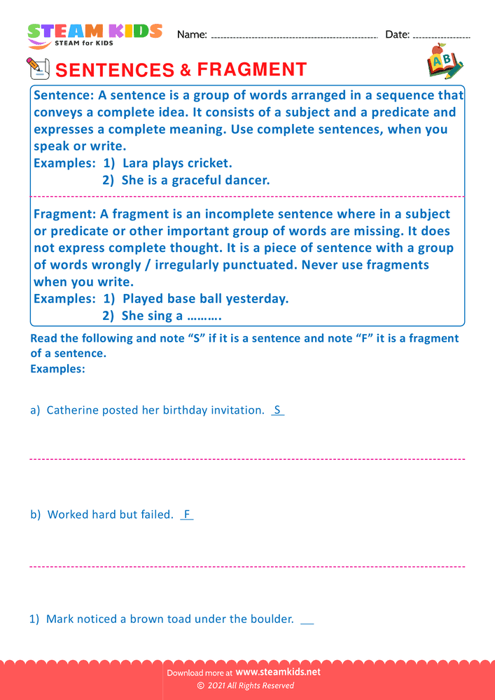 Free English Worksheet - Sentence & fragment - Worksheet 1